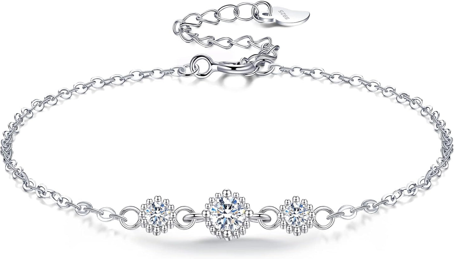 Elegant Sterling Silver Bracelet for Women – Dainty Adjustable Chain with Sparkling Crystals